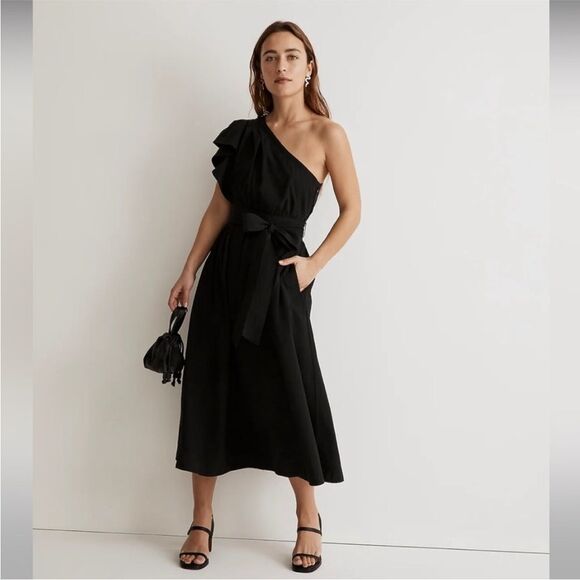 NWT Madewell Black One Shoulder Ruffle Midi Dress Size 14 - Picture 1 of 10